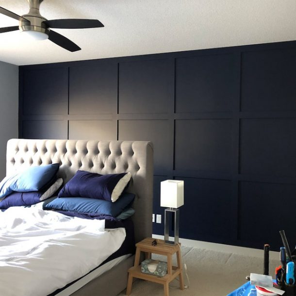 Master Bedroom DIY Millwork Feature Wall Styled to Sparkle
