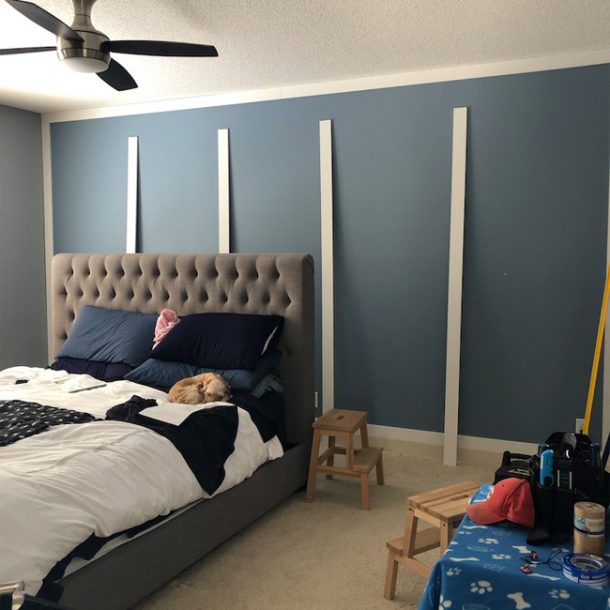 Master Bedroom DIY Millwork Feature Wall Styled to Sparkle