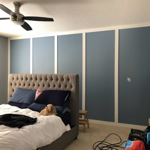 Master Bedroom DIY Millwork Feature Wall Styled to Sparkle