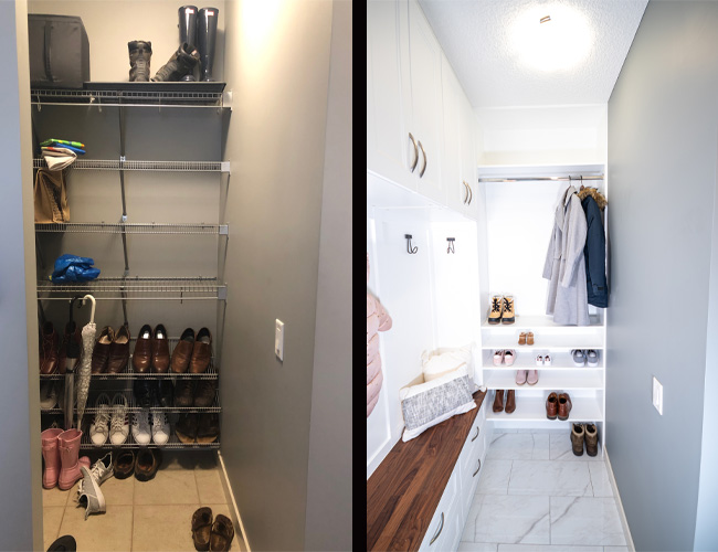 mud room closet, mud room walk in closet, mud room stalls, mud room renovation before and after, cardel homes, ikea cabinetry, ikea cabinets mud room, mud room cabinets, mud room hooks, mud room bench, mud room storage, mud room storage bench, mud room built in shelving