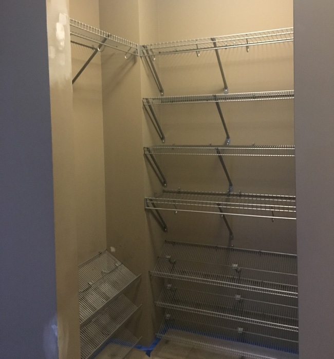 mud room storage, mud room wire shelving, wire shelving walk in closet, wire shelving shoe storage