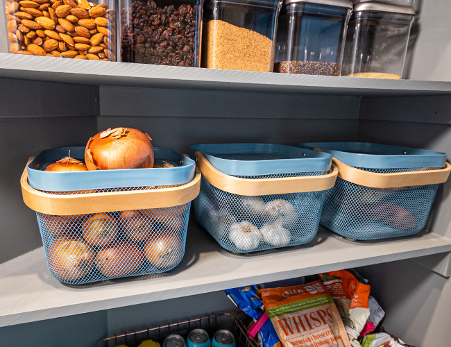 pantry canisters, stuckonyou labels, oxo POP containers, custom pantry shelving, pantry renovation ideas, pantry organization, organized pantry, how to organize baking ingredients in your pantry, onion baskets, how to store onions, how to store potatots, how to store garlic