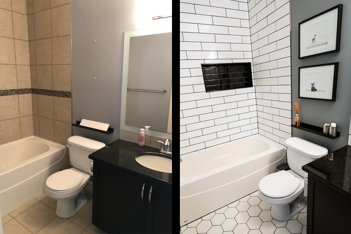 bathroom makeover, bathroom before and after, subway tile shower, shower niche, hex tile floor, tile source calgary, main bathroom, black and white bathroom, bathroom tile