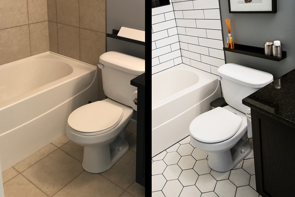 bathroom makeover, bathroom before and after, subway tile shower, shower niche, hex tile floor, tile source calgary, main bathroom, black and white bathroom, bathroom tile, shower tile, tub surround tile, classic bathroom design, bathroom renovation