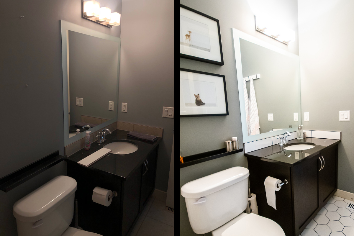 bathroom makeover, bathroom before and after, subway tile shower, shower niche, hex tile floor, tile source calgary, main bathroom, black and white bathroom, bathroom tile, shower tile, tub surround tile, classic bathroom design, bathroom renovation