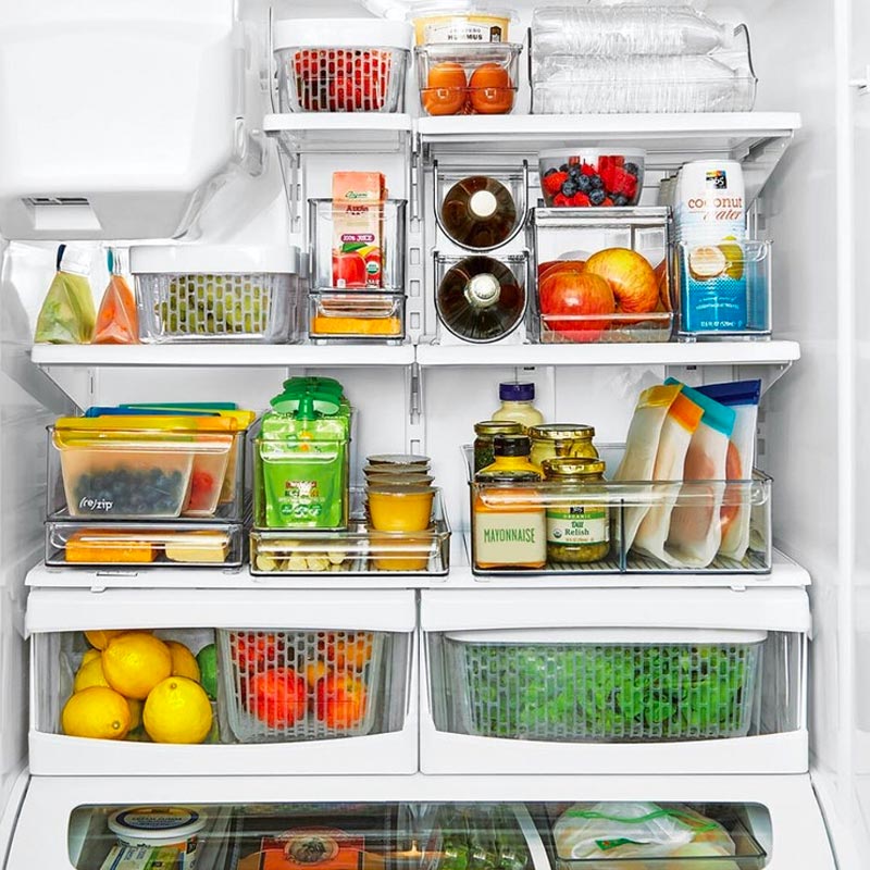 Beautiful, clean and organized fridge with wood and glass storage