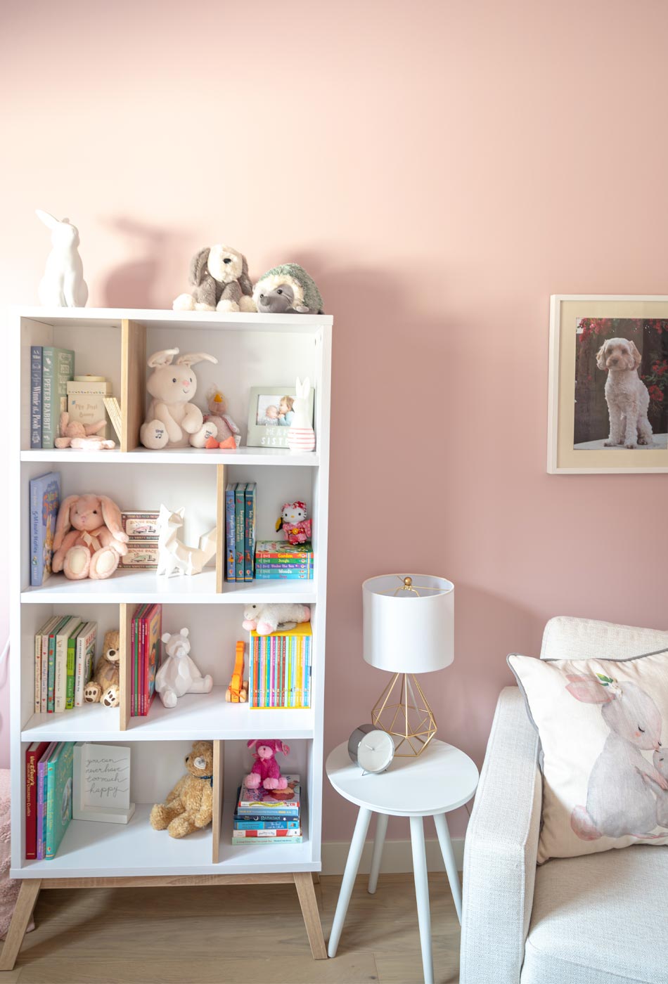 pink nursery, feminine nursery, baby girl room, baby girl nursery, white crib, white crib pink walls, pink walls nursery, modern feminine nursery, modern girls room, modern baby girl room, pompom curtains nursery, IKEA PAX Wardrobe hack, IKEA PAX Wardrobe nursery closet, 