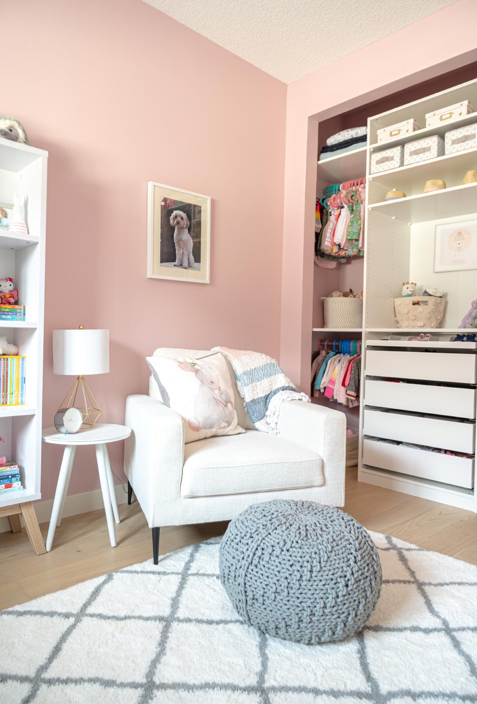 pink nursery, feminine nursery, baby girl room, baby girl nursery, white crib, white crib pink walls, pink walls nursery, modern feminine nursery, modern girls room, modern baby girl room, pompom curtains nursery, IKEA PAX Wardrobe hack, IKEA PAX Wardrobe nursery closet, 