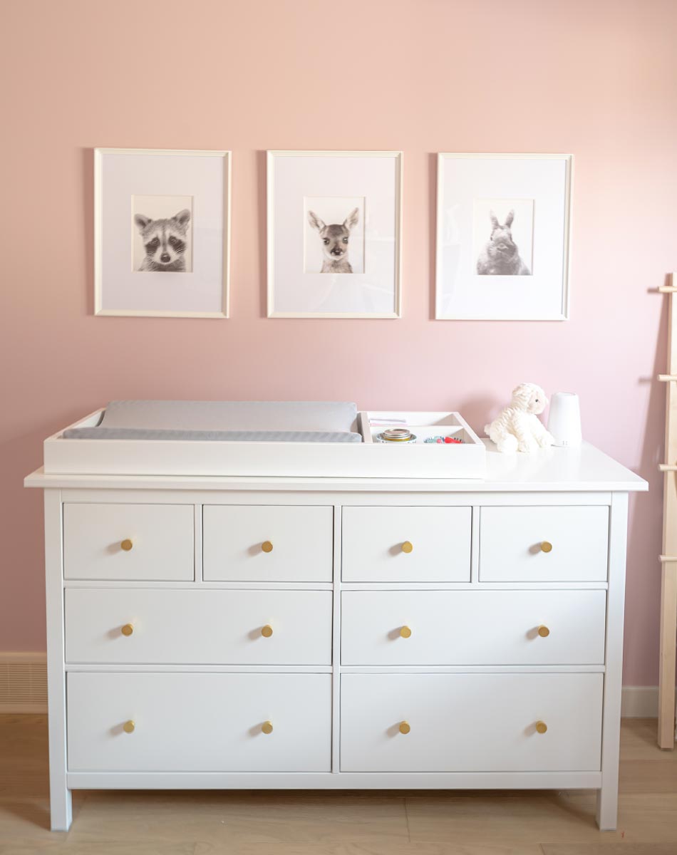 pink nursery, feminine nursery, baby girl room, baby girl nursery, white crib, white crib pink walls, pink walls nursery, modern feminine nursery, modern girls room, modern baby girl room, pompom curtains nursery