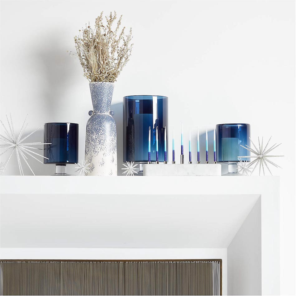 modern Hanukkah mantle, Hanukkah fireplace mantle, Hanukkah table design, Rebekah lowin Crate and barrel