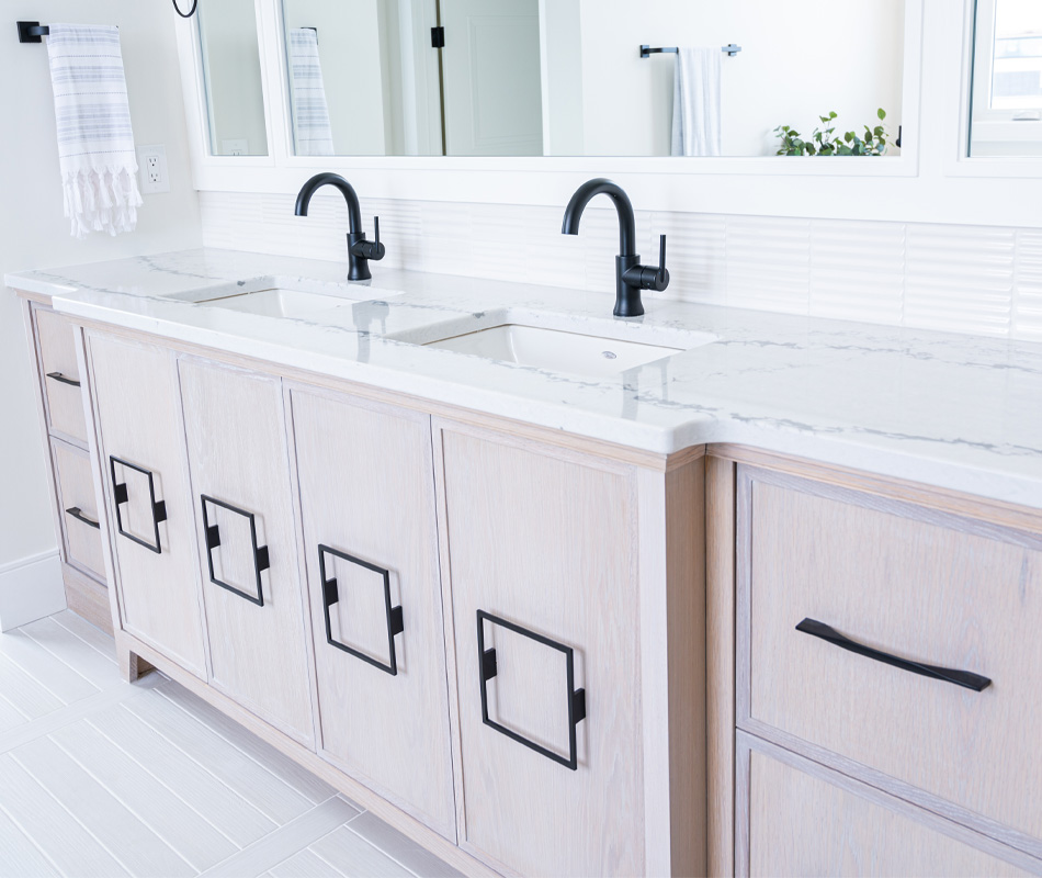 white oak bathroom vanity, white oak slab cabinetry, white bathroom ideas, white bathroom renovation ideas, modern bathroom modern farmhouse bathroom, modern farmhouse ensuite bathroom ideas